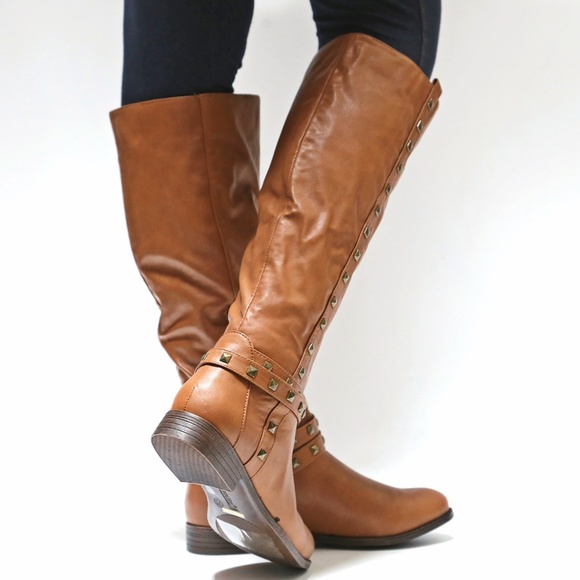 New Tan Studded Knee High Riding Boots - Picture 3 of 4